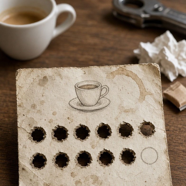 A worn, coffee-stained paper loyalty stamp card — the old way, before switching to a digital loyalty card.