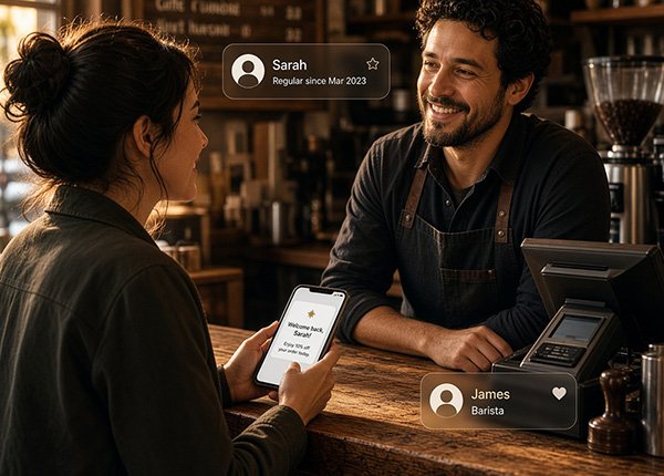 Shopkeeper greeting a regular customer using a customer retention loyalty program app