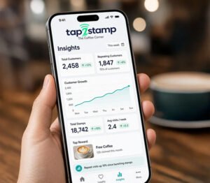 Digital Loyalty Card - A business owner holding a phone showing the Tada Tap Insights dashboard, with total customers, repeating customers and customer growth chart