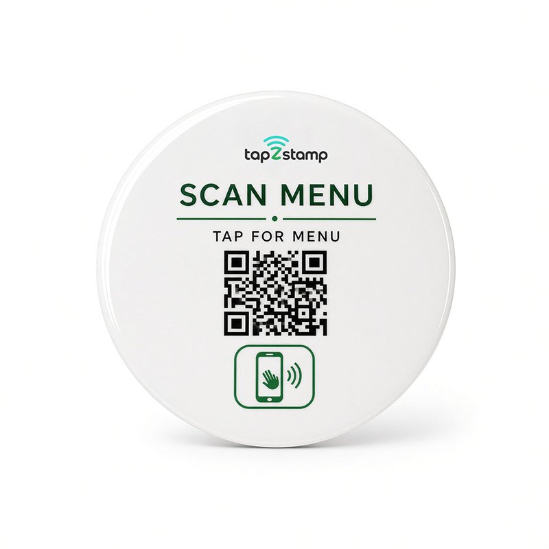 Tada Tap QR Code Table Sticker – glossy epoxy-coated scan-to-order sticker for restaurant tables