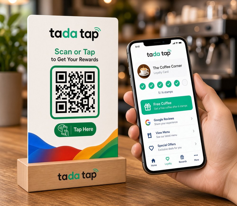 Digital Loyalty Card - A customer holding a phone showing their Tada Tap digital loyalty card next to the NFC tap display on a cafe counter - Tada Tap