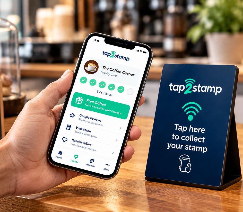 Digital Loyalty Card - A customer holding a phone showing their Tada Tap digital loyalty card next to the NFC tap display on a cafe counter